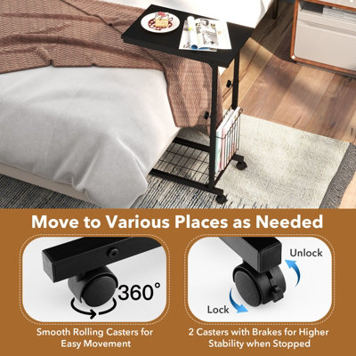 Costway Rolling C-shaped Sofa Side Table Adjustable Overbed Table with Storage Basket