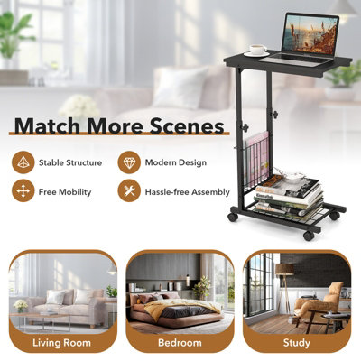 Costway Rolling C-shaped Sofa Side Table Adjustable Overbed Table with Storage Basket