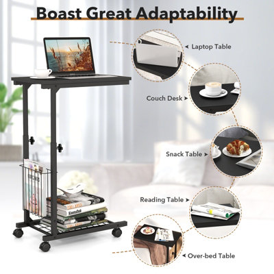 Costway Rolling C-shaped Sofa Side Table Adjustable Overbed Table with Storage Basket