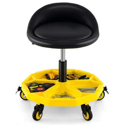 PM PERFORMOTOR Mechanic Stool   25 1/2" X 13" X 12" (L X H X W), Rolling Work Seat W/Lockable Swivel Wheels And Storage Tool Tray, Yellow,PM TOL CRS YL