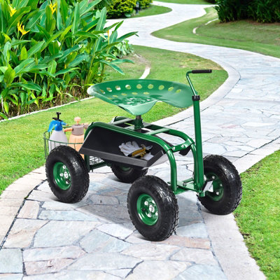 Costway Rolling Garden Cart Outdoor Swivel Gardener Work Seat with Tool Tray - 4