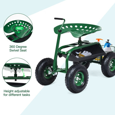 Costway Rolling Garden Cart Outdoor Swivel Gardener Work Seat with Tool Tray - 6