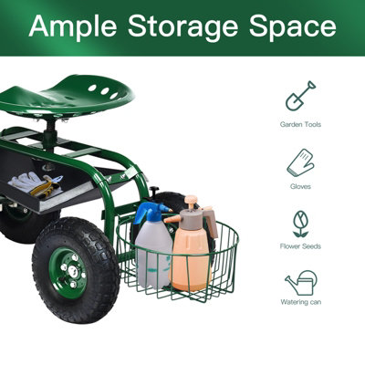 Costway Rolling Garden Cart Outdoor Swivel Gardener Work Seat with Tool Tray - 9