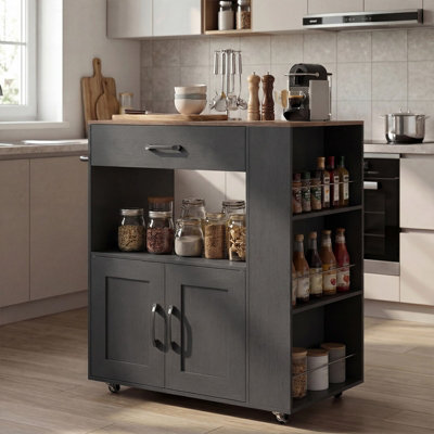 COSTWAY Rolling Kitchen Island Mobile Kitchen Cart with Cabinet & Spice ...