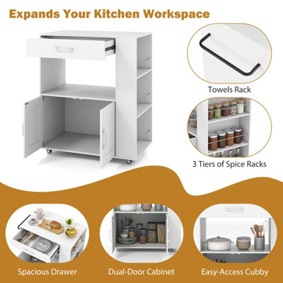 COSTWAY Rolling Kitchen Island Mobile Kitchen Cart with Cabinet & Spice ...