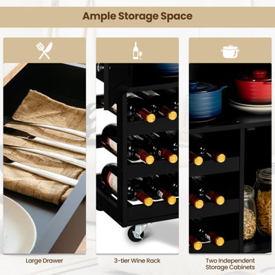 Costway Rolling Kitchen Storage Trolley Cart Cupboard Island Cabinet 3 Tier Wine Rack - 6