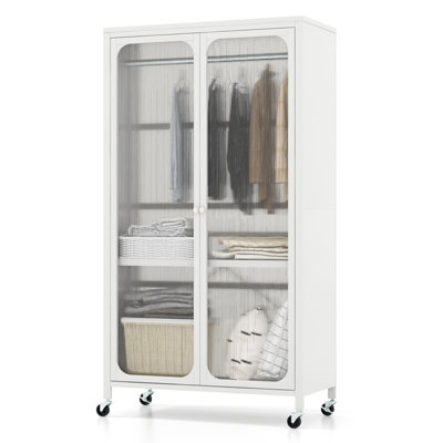 Costway Storage Wardrobe Cabinet Mobile Armoire Closet with Hanging Rod &  Adjustable Shelf