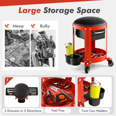 Costway Rolling Workshop Creeper Seat Mechanic Stool W/ Removable Padded Seat 2 Drawers - 4
