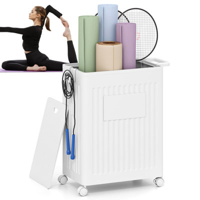 COSTWAY Rolling Yoga Mat Storage Basket Collapsible Laundry Hamper-White