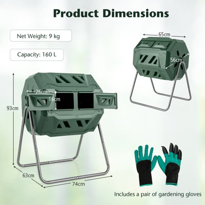 Costway Rotatable Compost Bin 160L Dual Chamber Composting Tumbler w/ 2 Sliding Doors