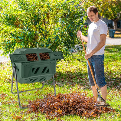 Costway Rotatable Compost Bin 160L Dual Chamber Composting Tumbler w/ 2 Sliding Doors