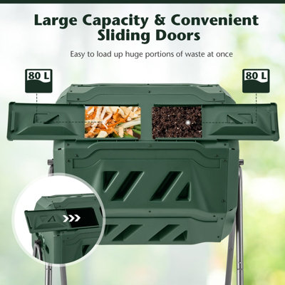 Costway Rotatable Compost Bin 160L Dual Chamber Composting Tumbler w/ 2 Sliding Doors - 6