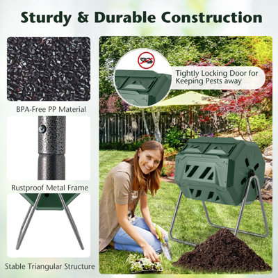 Costway Rotatable Compost Bin 160L Dual Chamber Composting Tumbler w/ 2 Sliding Doors - 8