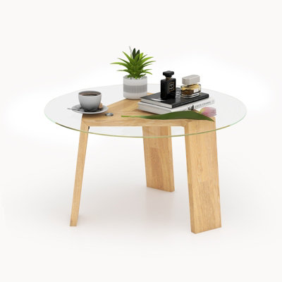 Costway Round Coffee Table Modern Center Table w/ Tempered Glass Top & Rubber Wood Legs