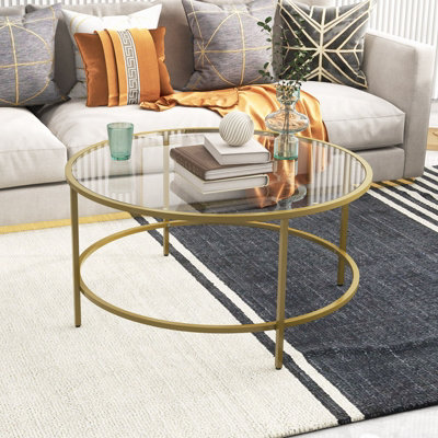 Costway Round Coffee Table Tempered Glass Top Metal Center Snack Tea Cocktail Table
