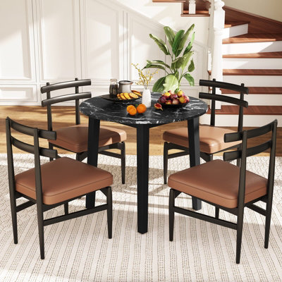 COSTWAY Round Dining Table 90 cm Kitchen Table w/ Rubber Wood Legs-Black