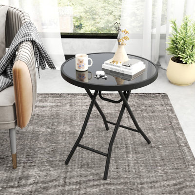 COSTWAY Round Folding Side Table 46 cm Patio Coffee Table with Tempered Glass Tabletop