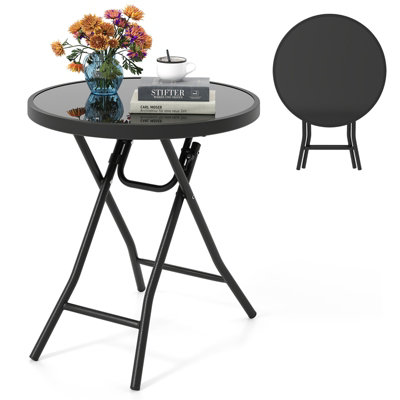 COSTWAY Round Folding Side Table 46 cm Patio Coffee Table with Tempered Glass Tabletop