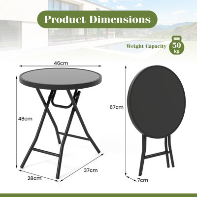 COSTWAY Round Folding Side Table 46 cm Patio Coffee Table with Tempered Glass Tabletop