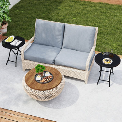 COSTWAY Round Folding Side Table 46 cm Patio Coffee Table with Tempered Glass Tabletop