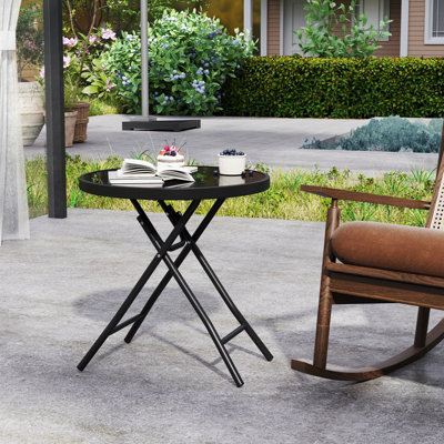 COSTWAY Round Folding Side Table 46 cm Patio Coffee Table with Tempered Glass Tabletop