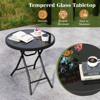 COSTWAY Round Folding Side Table 46 cm Patio Coffee Table with Tempered Glass Tabletop