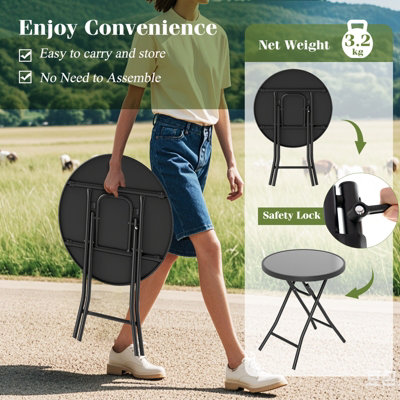 COSTWAY Round Folding Side Table 46 cm Patio Coffee Table with Tempered Glass Tabletop