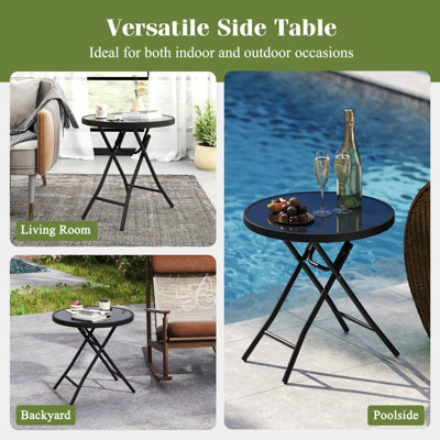 COSTWAY Round Folding Side Table 46 cm Patio Coffee Table with Tempered Glass Tabletop