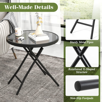 COSTWAY Round Folding Side Table 46 cm Patio Coffee Table with Tempered Glass Tabletop