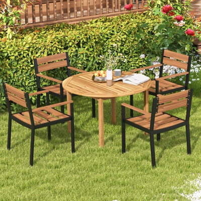 Costway Round Outdoor Dining Table Acacia Wood 4-Person Large Dining Table - 5