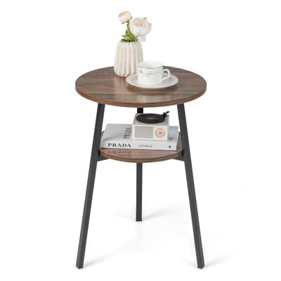 Costway Round Side Table Wooden 2-Tier Sofa End Table Beside Accent Table W/ Storage Shelf