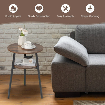 Costway Round Side Table Wooden 2-Tier Sofa End Table Beside Accent Table W/ Storage Shelf