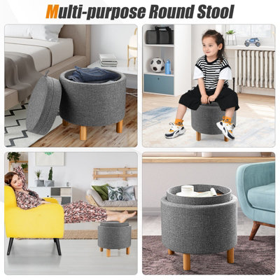 Costway Round Storage Ottoman w/ Tray Accent Fabric Storing Footrest w/ Non-Slip Pads