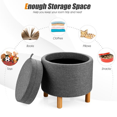 Costway Round Storage Ottoman w/ Tray Accent Fabric Storing Footrest w/ Non-Slip Pads