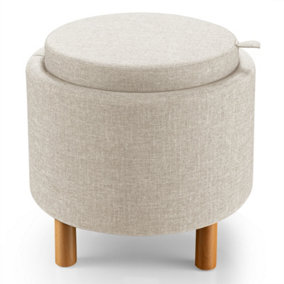 Costway Round Storage Ottoman w/ Tray Top Accent Padded Footrest w/ Wood Legs