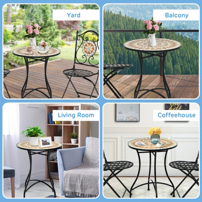 Costway Round Table with Iron Frame & Retro Mosaic Tabletop - 3