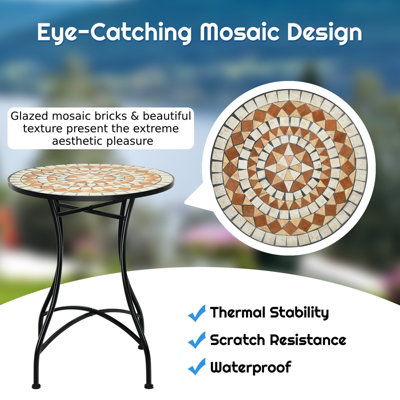Costway Round Table with Iron Frame & Retro Mosaic Tabletop - 4