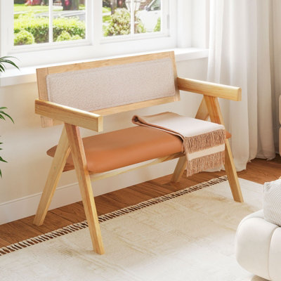COSTWAY Rubber Wood Dining Bench Indoor Bench w/ Armrest & Padded Seat