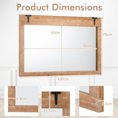COSTWAY Rustic Decorative Mirror 100 cm x 70 cm Rectangle Wooden Wall Mirror - 3