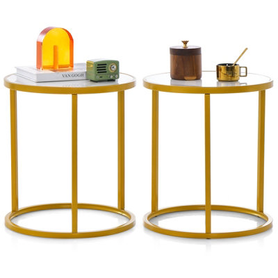 Costway Set of 2 45cm Tall Marble Top Round Side Table Modern Sofa End Table Accent Bedside Table