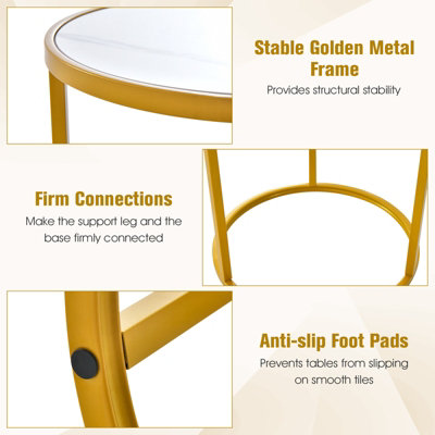 Costway Set of 2 45cm Tall Marble Top Round Side Table Modern Sofa End Table Accent Bedside Table