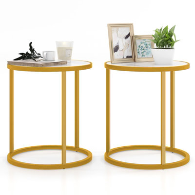 Costway Set of 2 59cm Tall Marble Top Round Side Table Modern Sofa End Table Accent Bedside Table