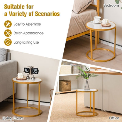 Costway Set of 2 59cm Tall Marble Top Round Side Table Modern Sofa End Table Accent Bedside Table
