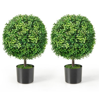 Costway Set of 2 Artificial Ball Tree Faux Potted Bushes with Natural ...