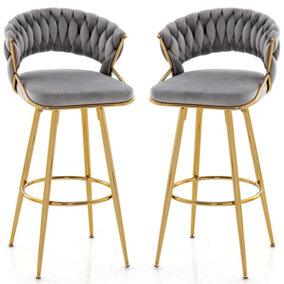 Costway Set of 2 Bar Stools 72cm Upholstered Kitchen Stools Velvet Bar Chairs w/ Woven Backrest