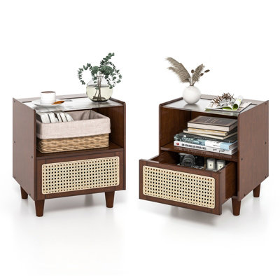 Costway Set of 2 Bedside Table Bamboo Rattan Sofa Side Table Nightstand ...
