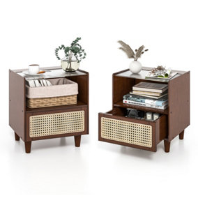 Costway Set of 2 Bedside Table Bamboo Rattan Sofa Side Table Nightstand W/ Drawer