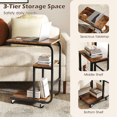 Costway Set of 2 C-shaped Side Table Mobile Sofa Table w/ Shelves-Brown