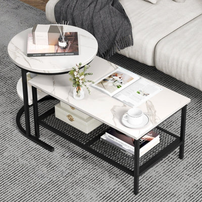 Costway Set of 2 Coffee Nesting Table Set Detachable 2 Tier Sofa Side Table Faux Marble