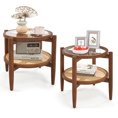 COSTWAY Set of 2 Double Tier Side Table Round Coffee Table W/ Tempered ...